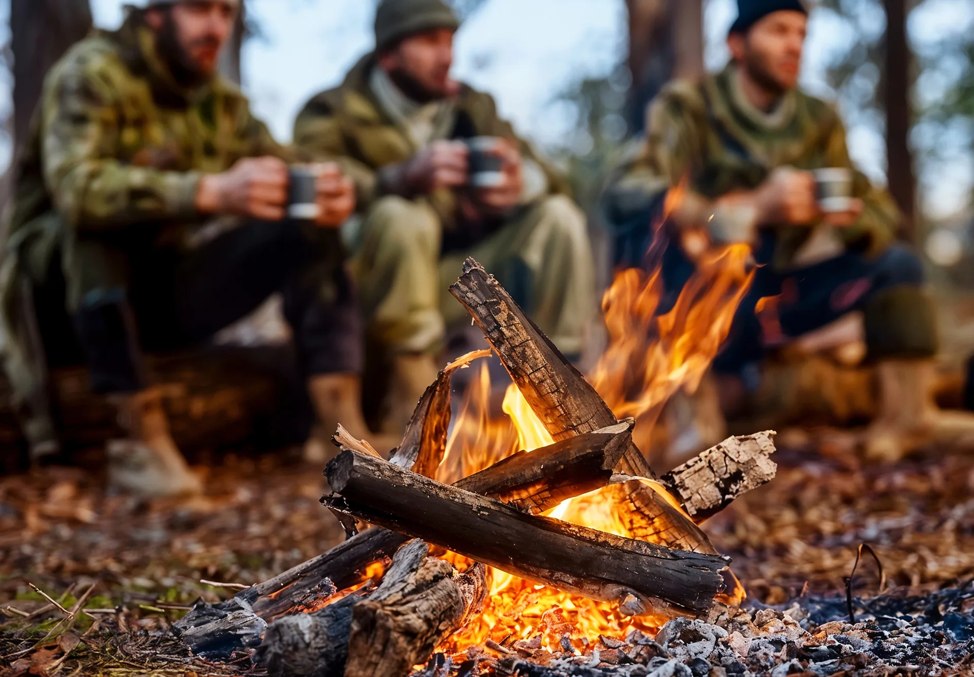 Campfire with orange flames, logs, and foliage; people enjoying drinks nearby.